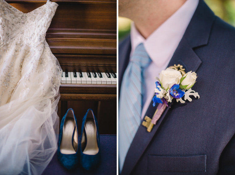 two pictures in one. One is a wedding dress next to gold high heels on a piano. The second picture is of the grooms unique navy and gold boutonniere with a key center. 
