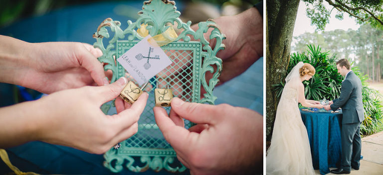 bride and groom locking their locks of love onto their metal picture frame to signify their lock of love