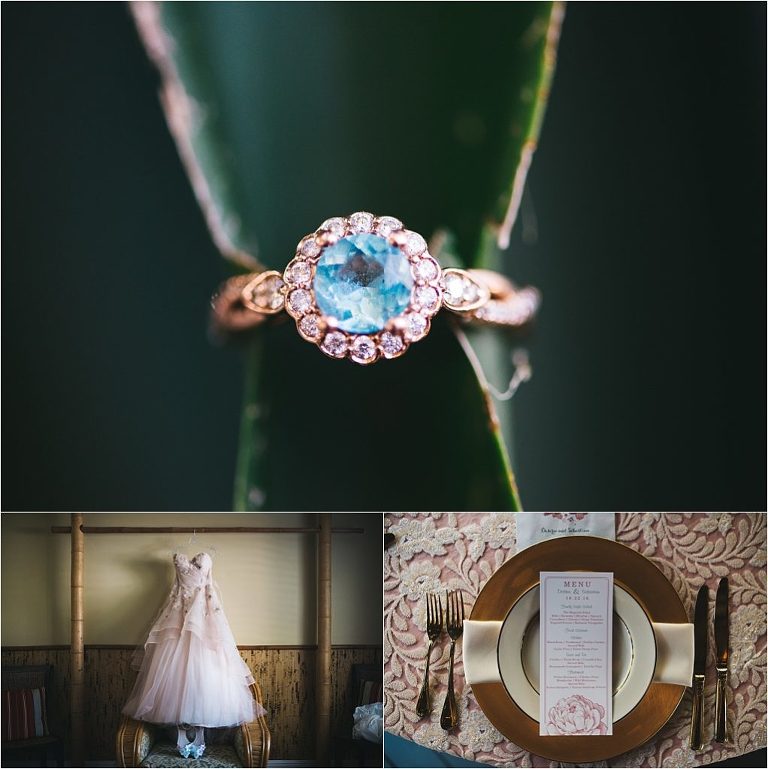 collage of wedding ring, wedding dress, and reception table set up