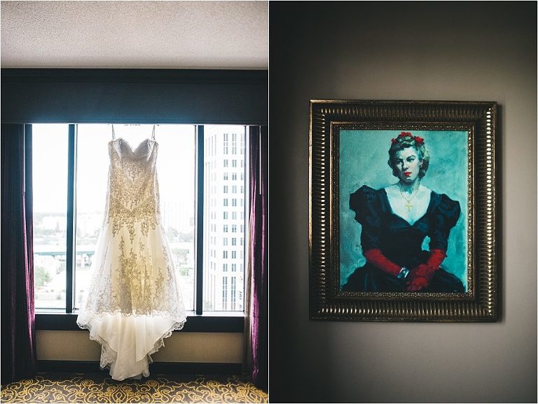 wedding dress and wall painting at the grand bohemian in downtown orlando