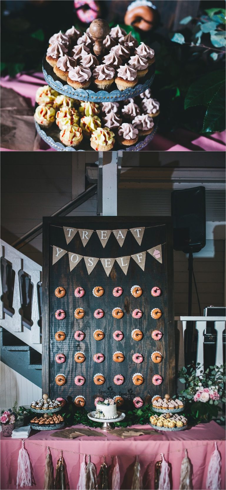 reception cupcake stand and doughnut wall