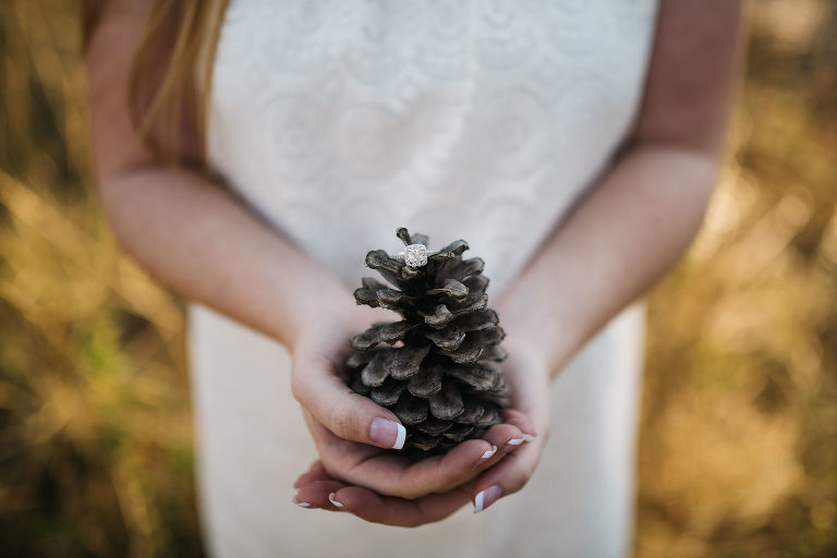 wedding ring on a pine cone