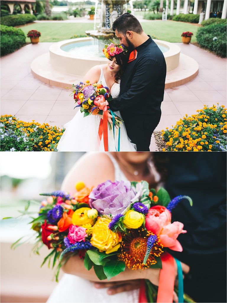 bride and groom in front of plaza de la fontana with colorful bouquet