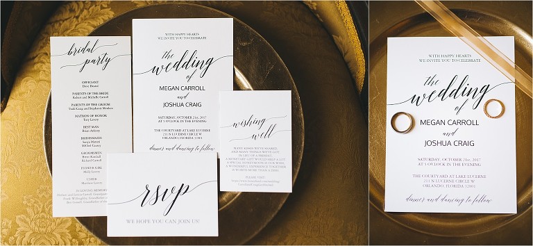 wedding details invitations on a golden charger and chair