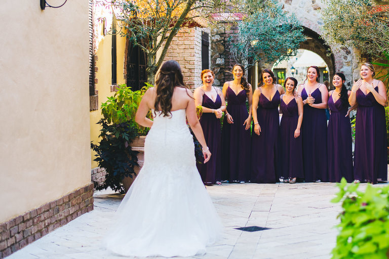 bridesmaids seeing bride for the first time in dress